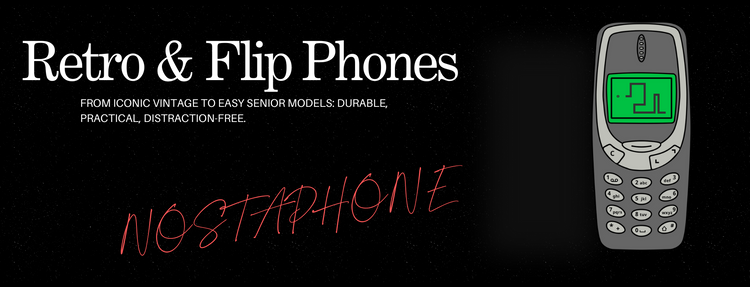 Banner with retro and flip phones – Nokia 3310 Snake game – Nostaphone vintage, flip and senior phones store